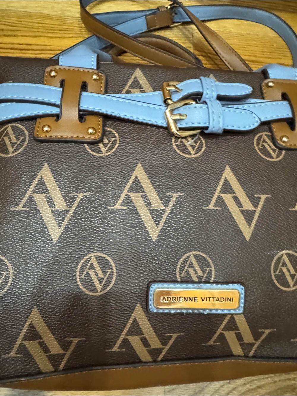 Adrienne Vittadini Brown Satchel with Sky Blue Trim - Picture 5 of 11